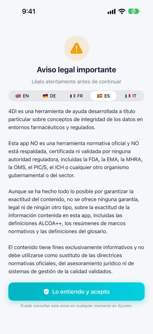 Pantalla del aviso legal