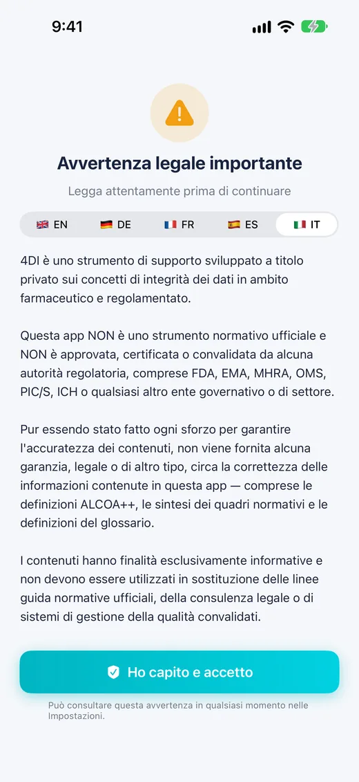 Schermata dell'avvertenza